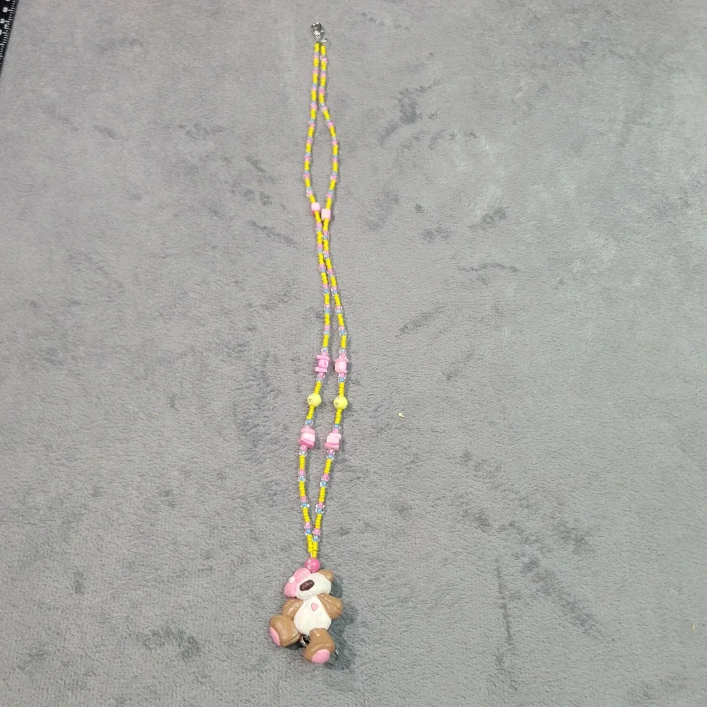 Lanyard Women OS Yellow Pink Beaded‎ Teddy Bear Clay Charm Kidcore Cute Kawaii